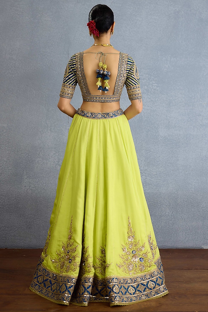 Green & Blue Muslin Silk Zari Hand Embellished Bridal Lehenga Set by Torani at Pernia's Pop Up Shop