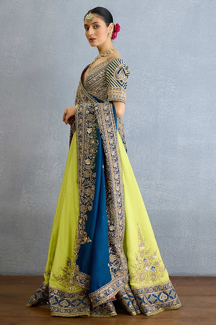 Green & Blue Muslin Silk Zari Hand Embellished Bridal Lehenga Set by Torani at Pernia's Pop Up Shop