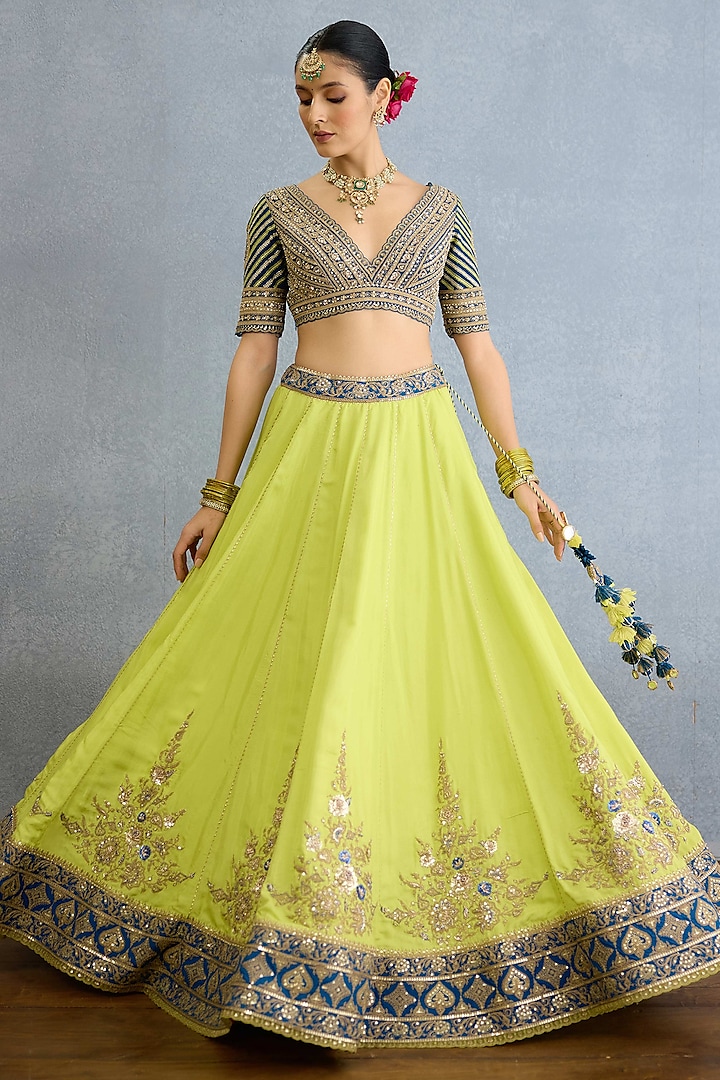 Green & Blue Muslin Silk Zari Hand Embellished Bridal Lehenga Set by Torani at Pernia's Pop Up Shop