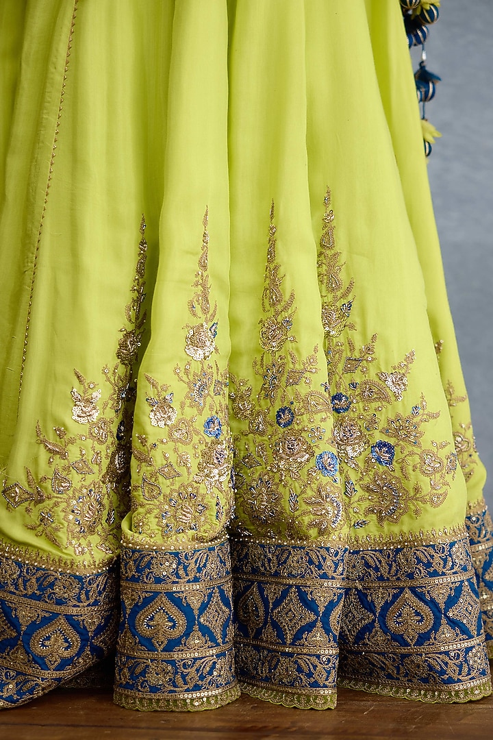 Green & Blue Muslin Silk Zari Hand Embellished Bridal Lehenga Set by Torani at Pernia's Pop Up Shop
