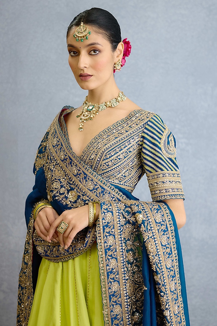 Green & Blue Muslin Silk Zari Hand Embellished Bridal Lehenga Set by Torani at Pernia's Pop Up Shop