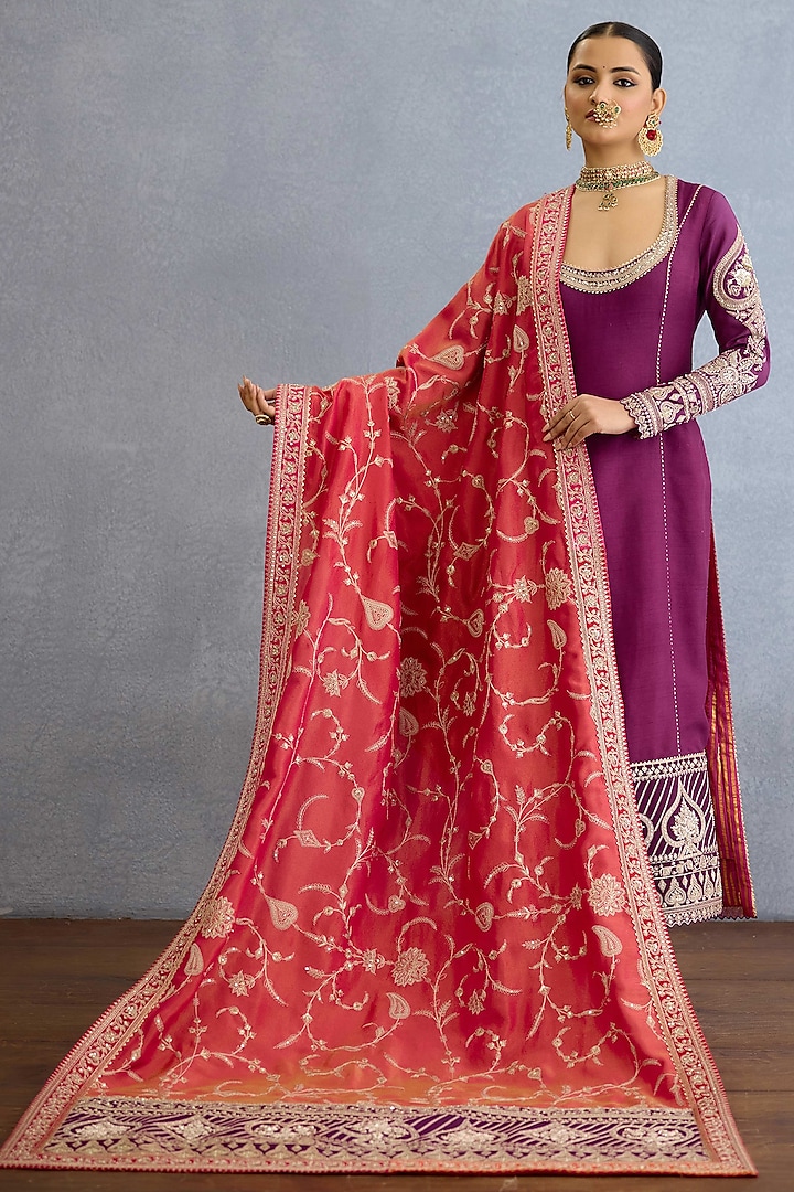 Magenta Jeni Silk & Tissue Pearl Hand Embellished Kurta Set by Torani at Pernia's Pop Up Shop