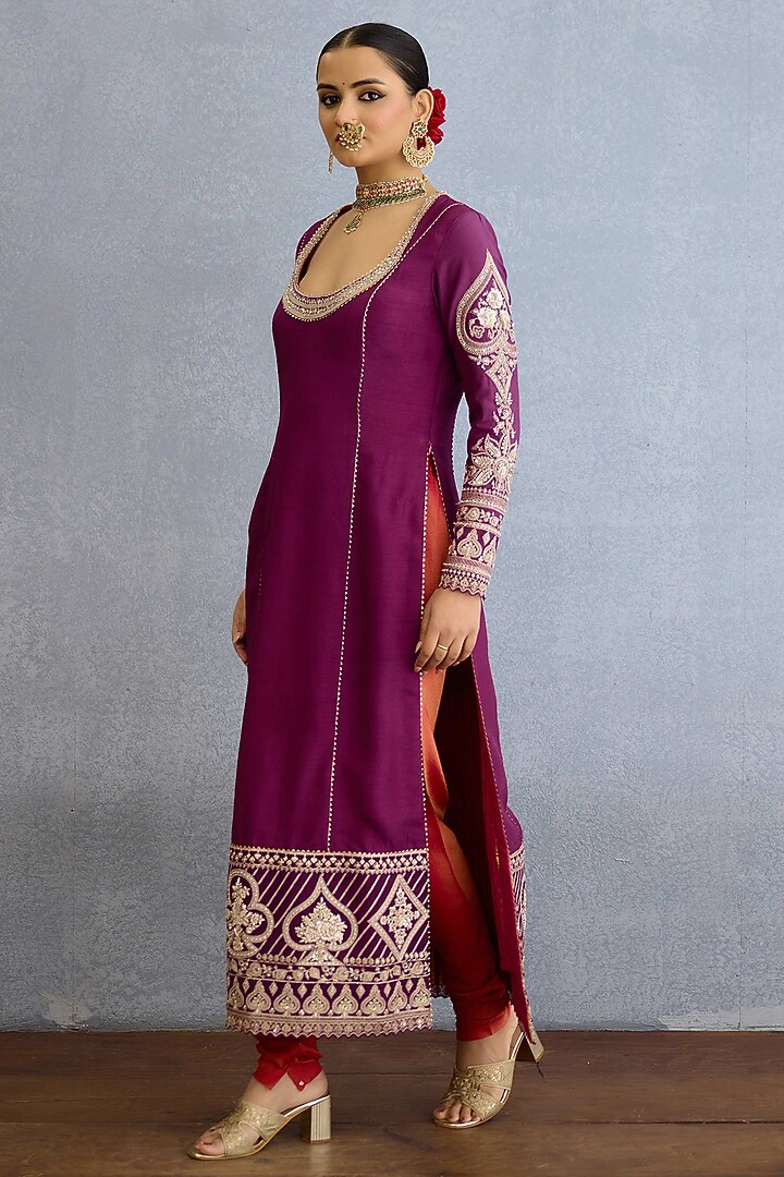 Magenta Jeni Silk & Tissue Pearl Hand Embellished Kurta Set by Torani at Pernia's Pop Up Shop