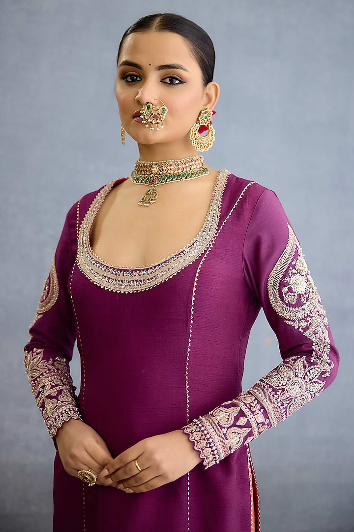 Magenta Jeni Silk & Tissue Pearl Hand Embellished Kurta Set by Torani at Pernia's Pop Up Shop