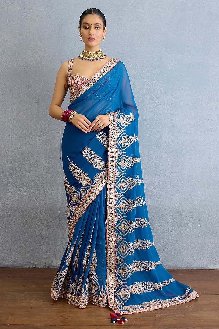 Blue Georgette Dabka & Badla Hand Embellished Bridal Saree Set by Torani at Pernia's Pop Up Shop