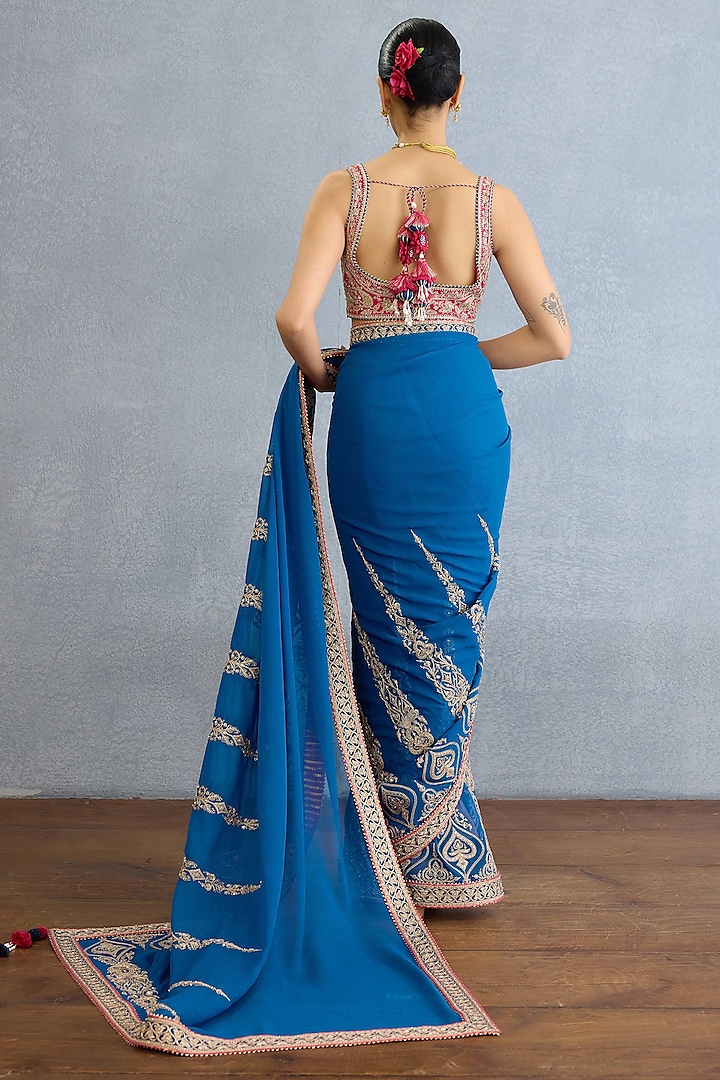 Blue Georgette Dabka & Badla Hand Embellished Bridal Saree Set by Torani at Pernia's Pop Up Shop