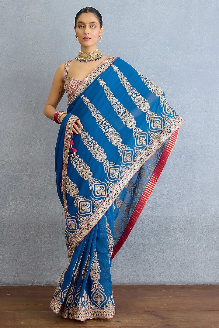 Blue Georgette Dabka & Badla Hand Embellished Bridal Saree Set by Torani at Pernia's Pop Up Shop