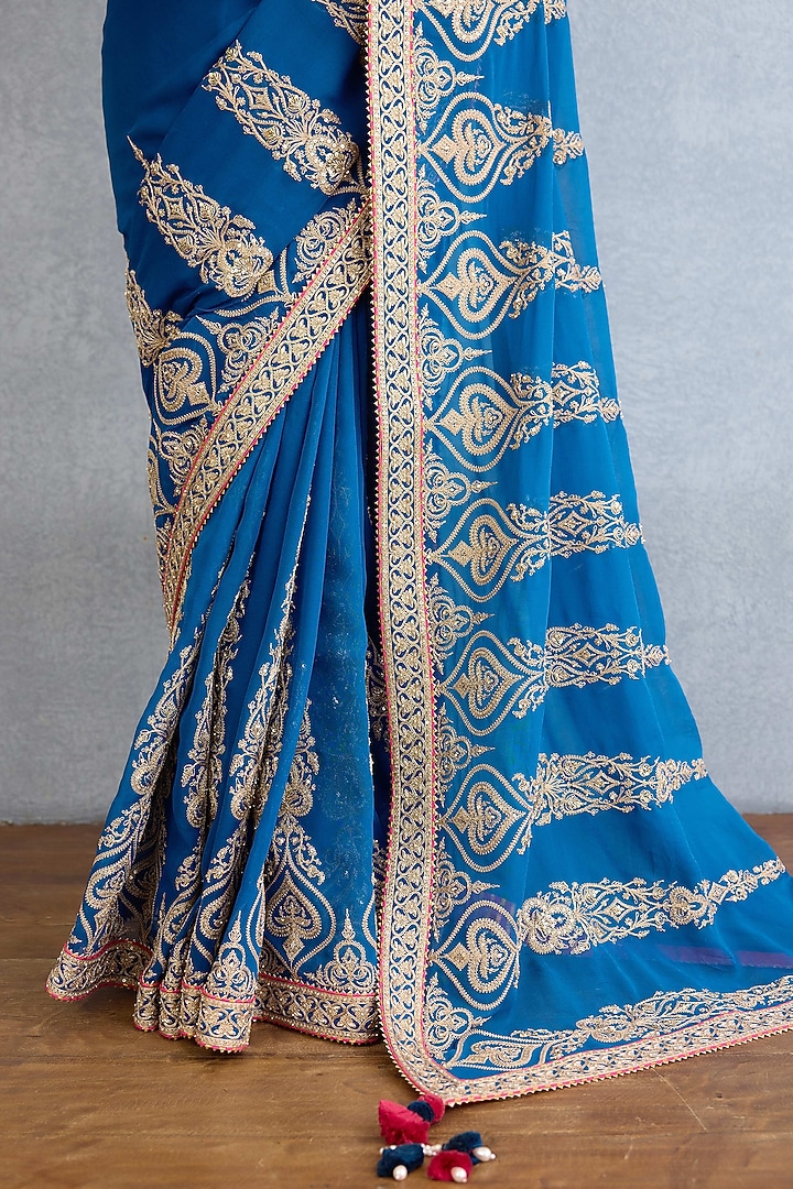 Blue Georgette Dabka & Badla Hand Embellished Bridal Saree Set by Torani at Pernia's Pop Up Shop
