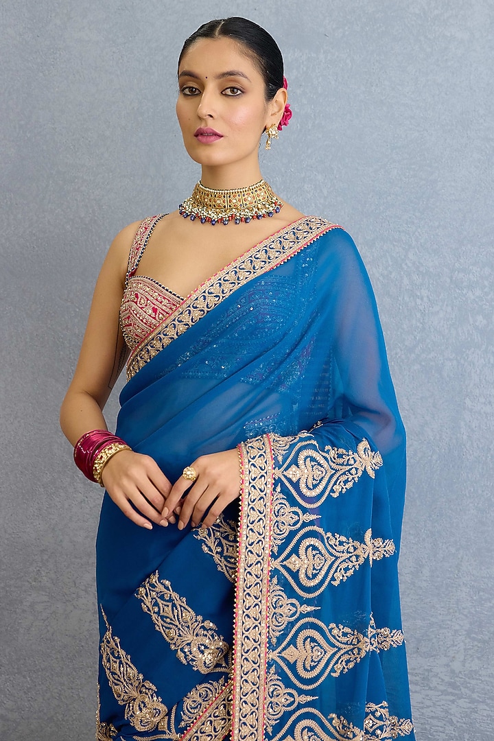 Blue Georgette Dabka & Badla Hand Embellished Bridal Saree Set by Torani at Pernia's Pop Up Shop