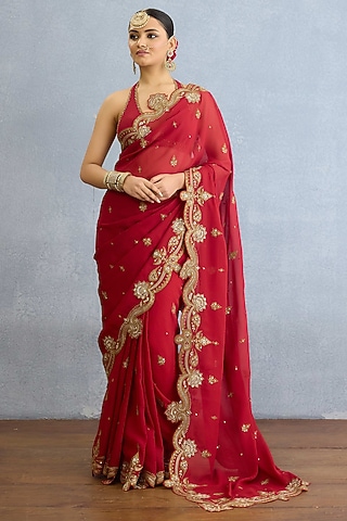 Red Georgette Sequin & Pearl Embroidered Saree Set by Torani