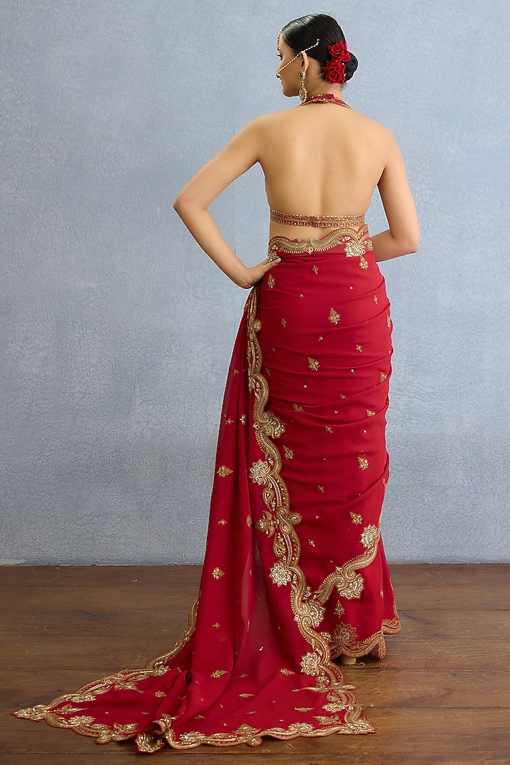 Red Georgette Sequin & Pearl Embroidered Reception Saree Set by Torani at Pernia's Pop Up Shop