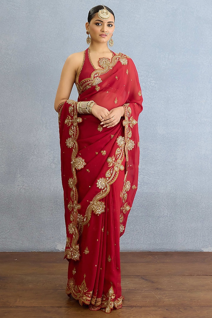 Red Georgette Sequin & Pearl Embroidered Reception Saree Set by Torani at Pernia's Pop Up Shop