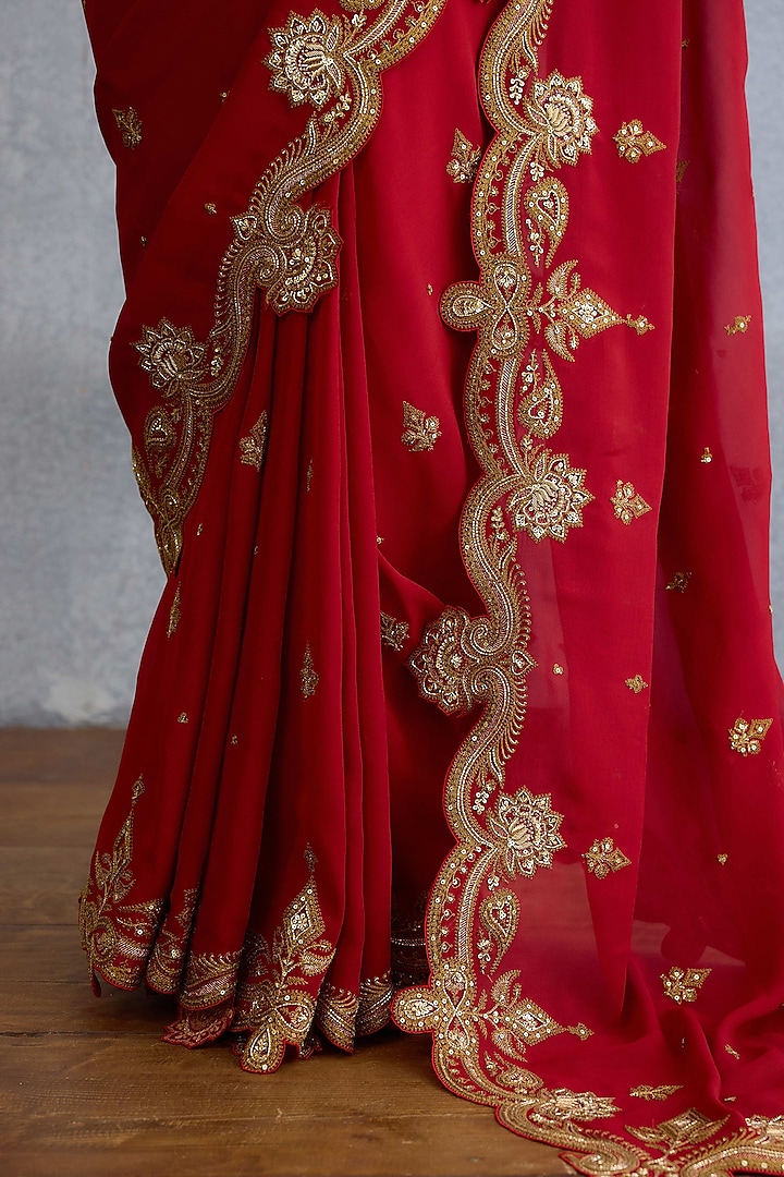 Red Georgette Sequin & Pearl Embroidered Reception Saree Set by Torani at Pernia's Pop Up Shop