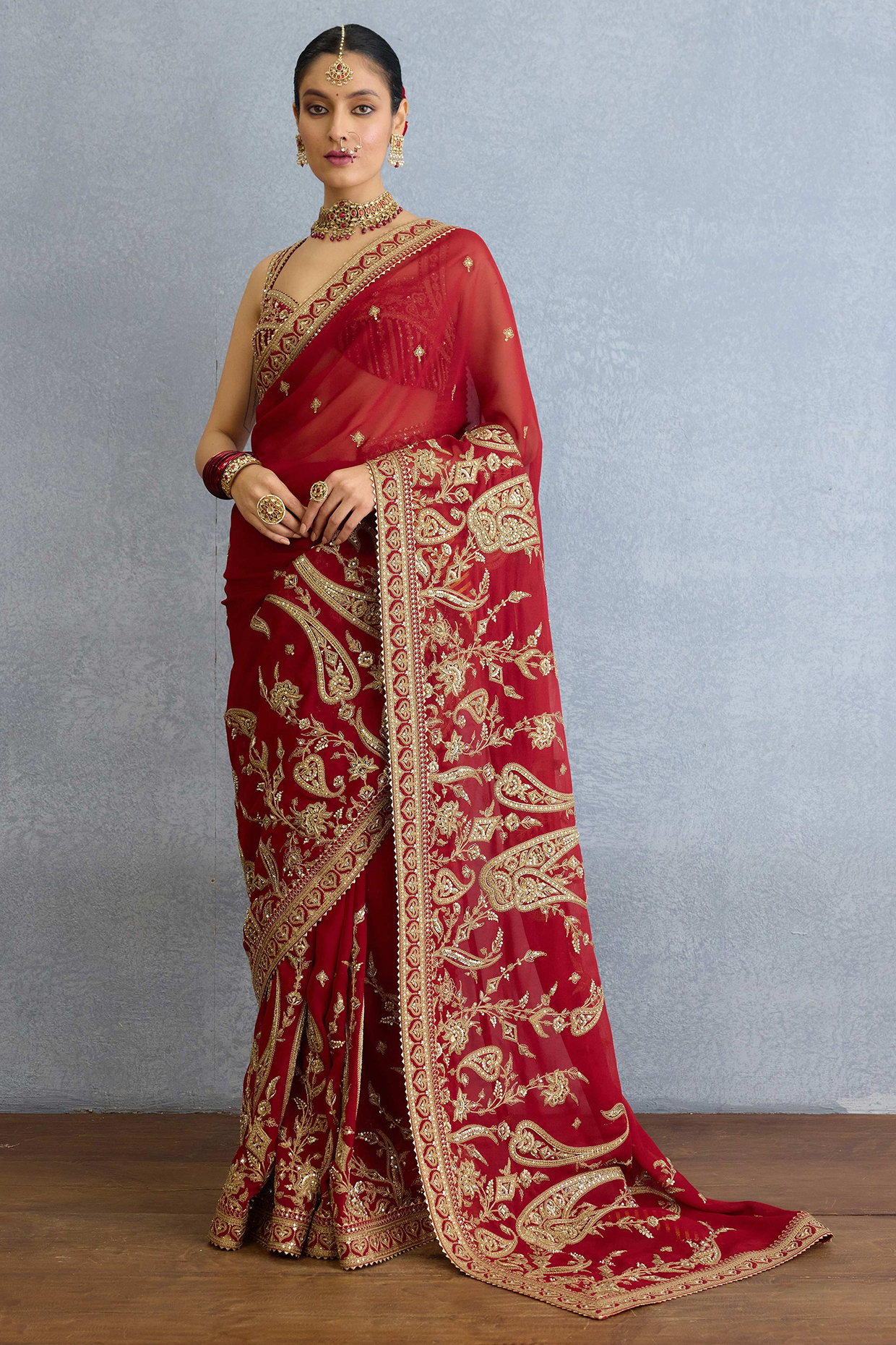 Red Georgette Sequin & Dabka Hand Embroidered Bridal Saree Set by Torani at Pernia's Pop Up Shop