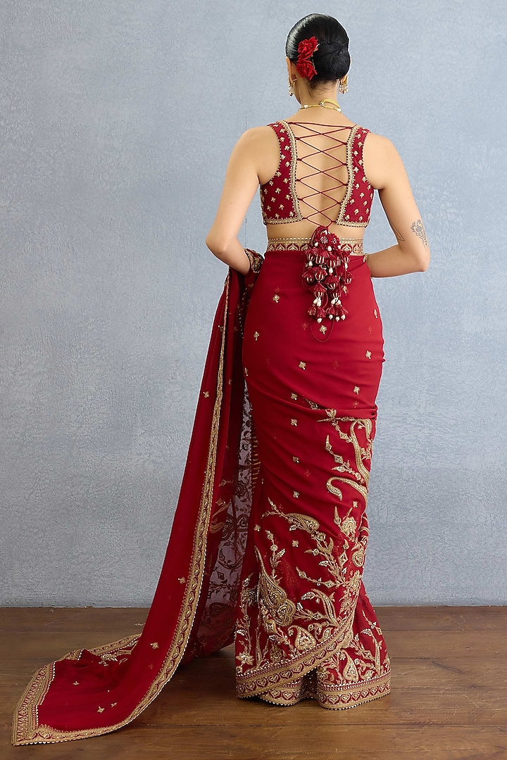 Red Georgette Sequin & Dabka Hand Embroidered Bridal Saree Set by Torani at Pernia's Pop Up Shop