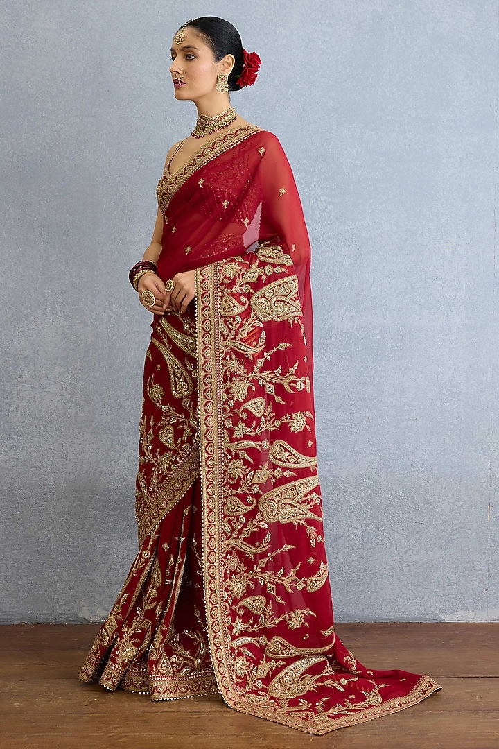 Red Georgette Sequin & Dabka Hand Embroidered Bridal Saree Set by Torani at Pernia's Pop Up Shop