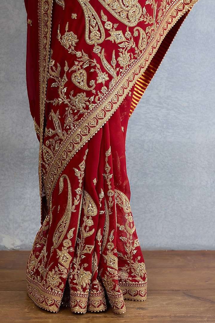 Red Georgette Sequin & Dabka Hand Embroidered Bridal Saree Set by Torani at Pernia's Pop Up Shop