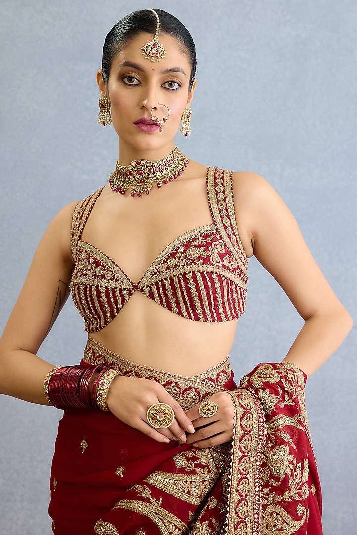 Red Georgette Sequin & Dabka Hand Embroidered Bridal Saree Set by Torani at Pernia's Pop Up Shop