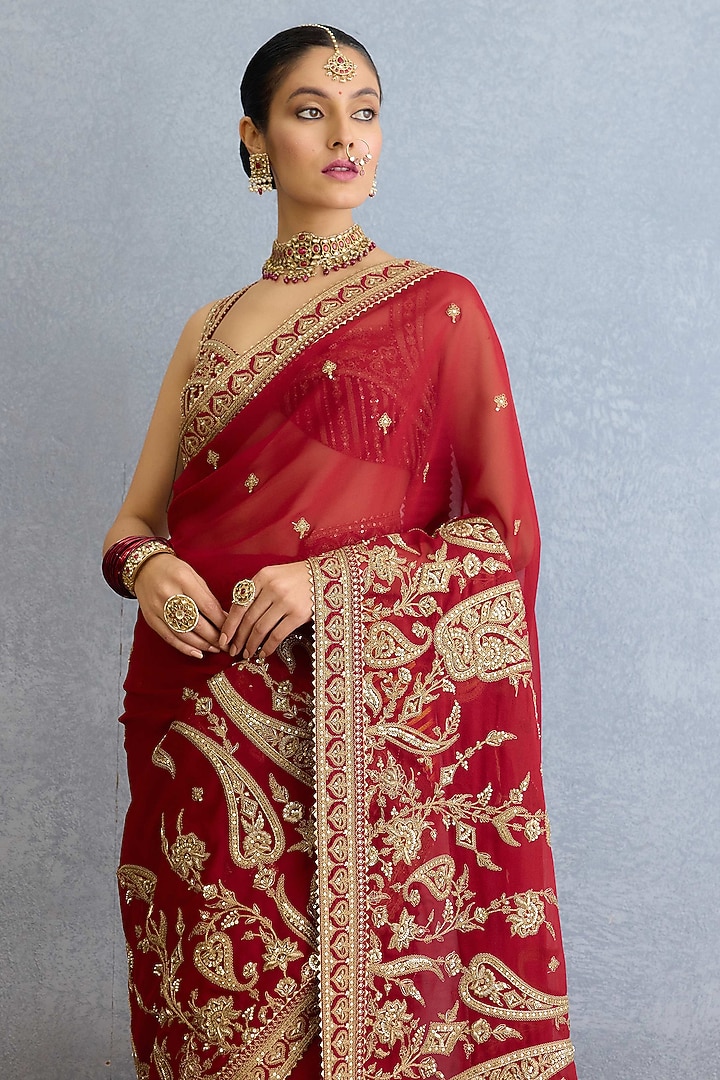 Red Georgette Sequin & Dabka Hand Embroidered Bridal Saree Set by Torani at Pernia's Pop Up Shop