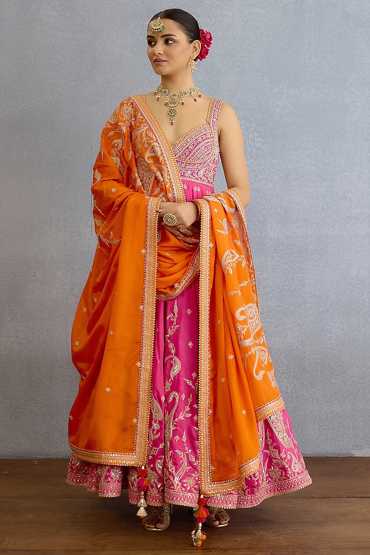 Pink Muslin Silk Pearl & Zari Hand Embellished Bridal Anarkali Set by Torani at Pernia's Pop Up Shop