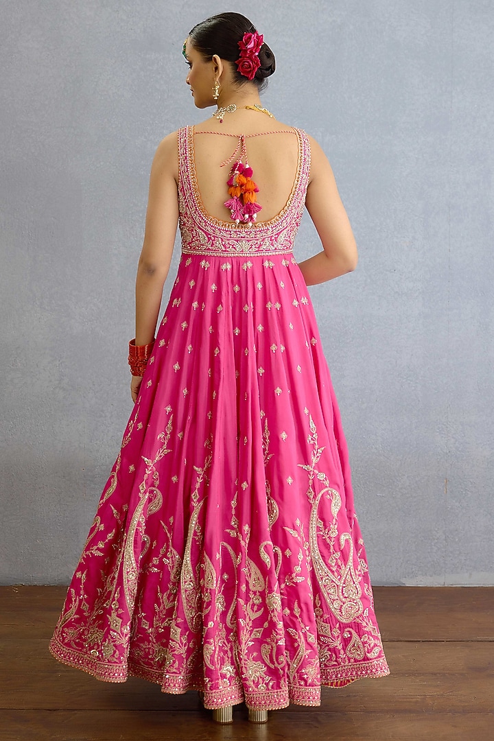 Pink Muslin Silk Pearl & Zari Hand Embellished Bridal Anarkali Set by Torani at Pernia's Pop Up Shop
