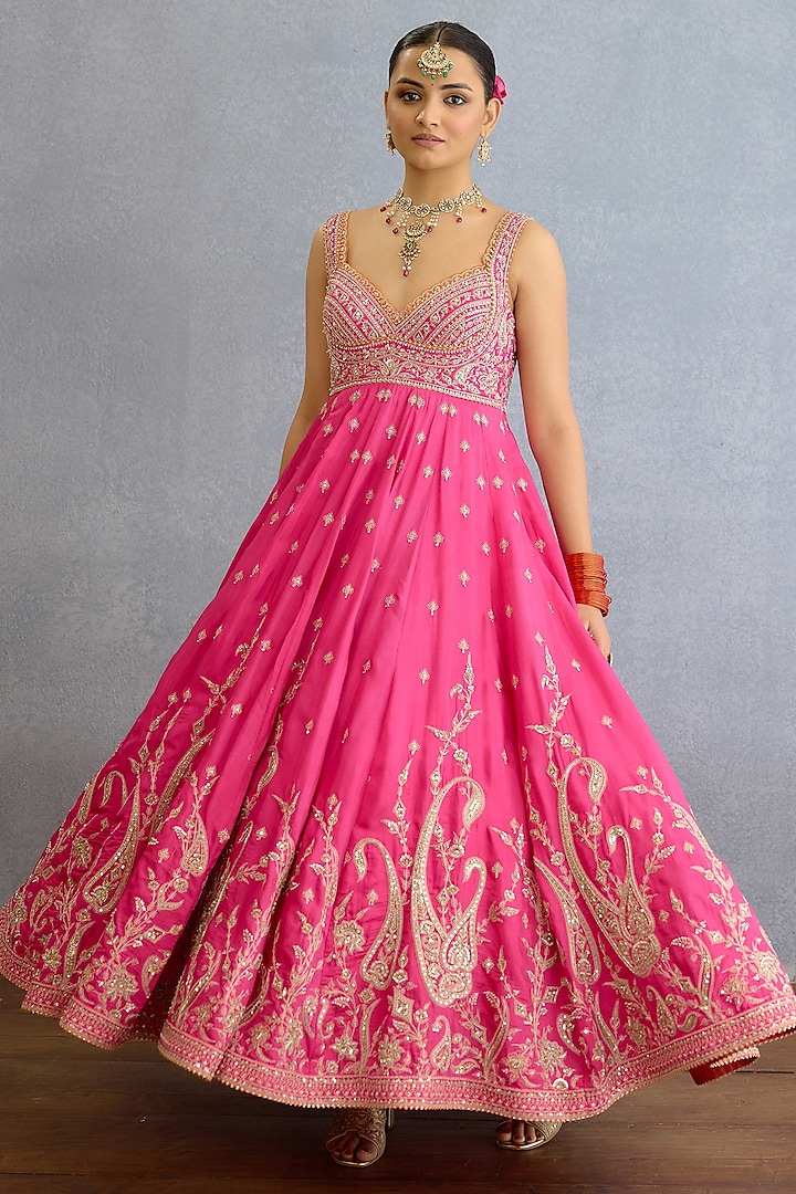 Pink Muslin Silk Pearl & Zari Hand Embellished Bridal Anarkali Set by Torani at Pernia's Pop Up Shop