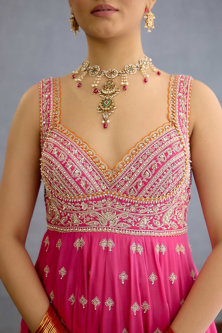 Pink Muslin Silk Pearl & Zari Hand Embellished Bridal Anarkali Set by Torani at Pernia's Pop Up Shop