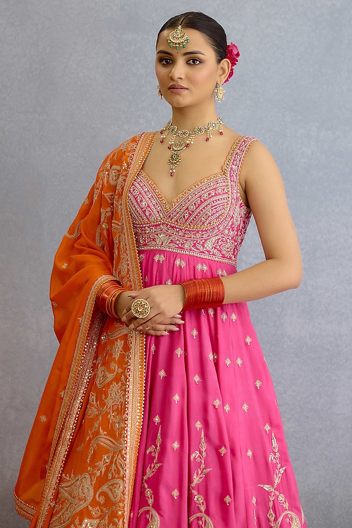 Pink Muslin Silk Pearl & Zari Hand Embellished Bridal Anarkali Set by Torani at Pernia's Pop Up Shop
