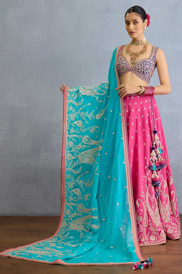 Pink Muslin Silk Zari Hand Embellished Bridal Lehenga Set by Torani at Pernia's Pop Up Shop