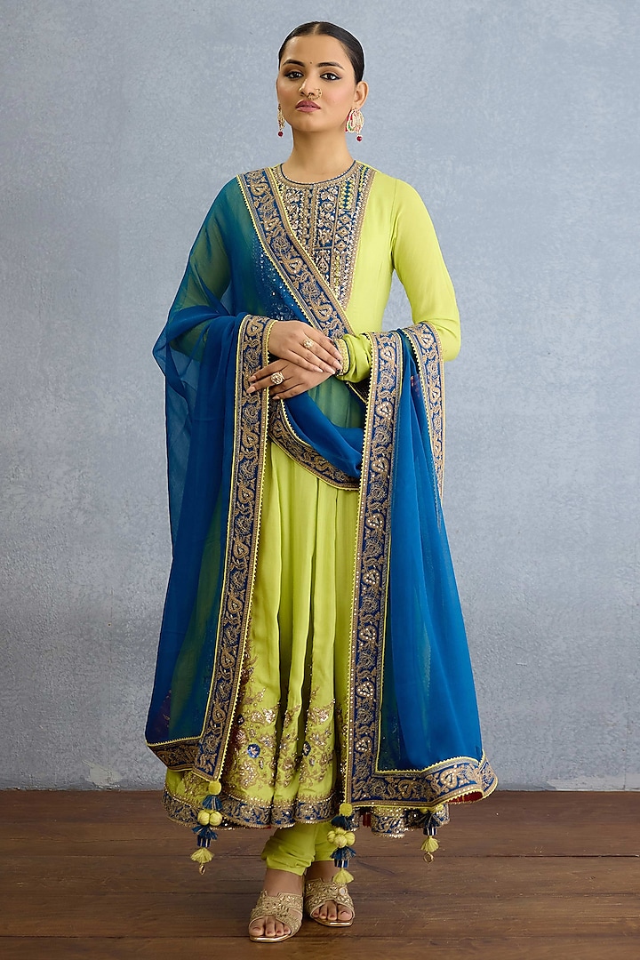 Lime Green Muslin Silk Pearl & Zari Embroidered Kurta Set by Torani at Pernia's Pop Up Shop