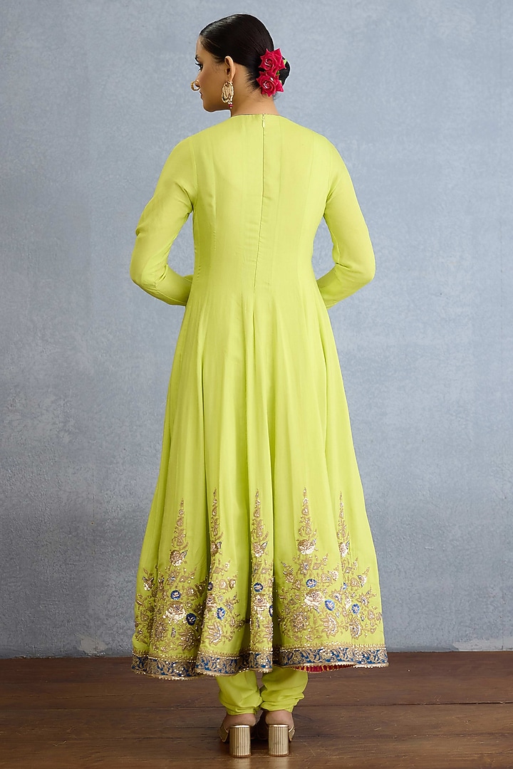 Lime Green Muslin Silk Pearl & Zari Embroidered Kurta Set by Torani at Pernia's Pop Up Shop