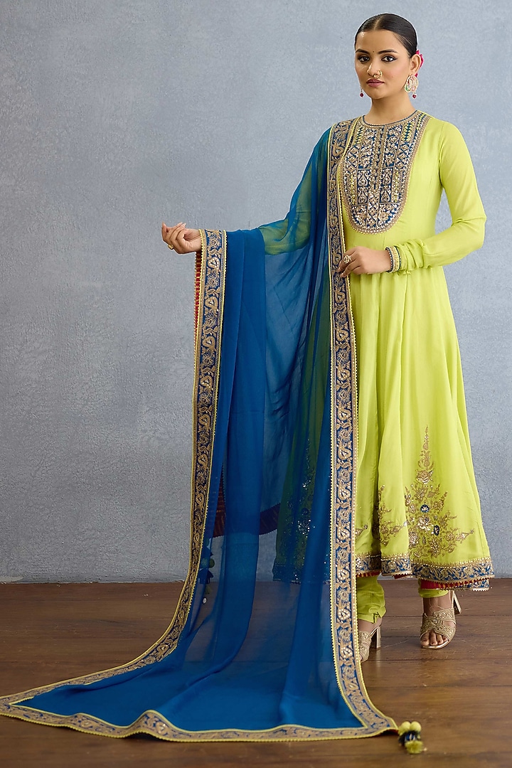 Lime Green Muslin Silk Pearl & Zari Embroidered Kurta Set by Torani at Pernia's Pop Up Shop