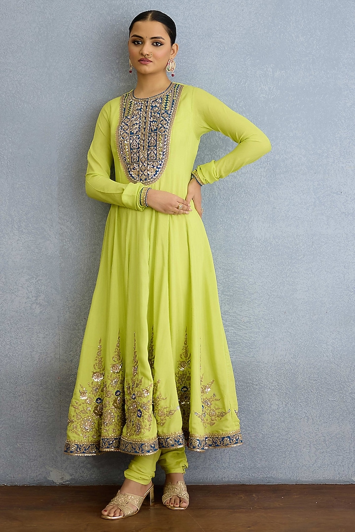 Lime Green Muslin Silk Pearl & Zari Embroidered Kurta Set by Torani at Pernia's Pop Up Shop