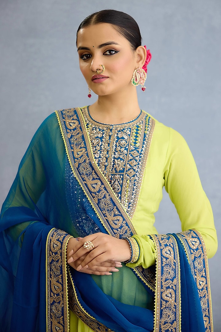Lime Green Muslin Silk Pearl & Zari Embroidered Kurta Set by Torani at Pernia's Pop Up Shop