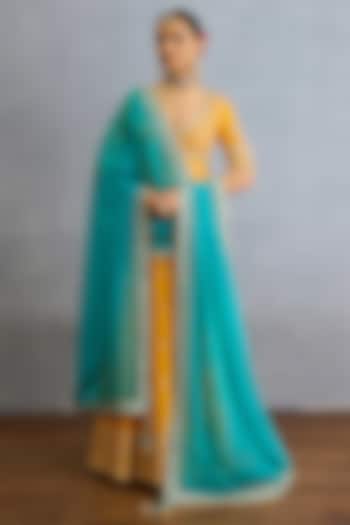 Yellow Muslin Silk Pearl & Zari Embellished Bridal Anarkali Set by Torani at Pernia's Pop Up Shop