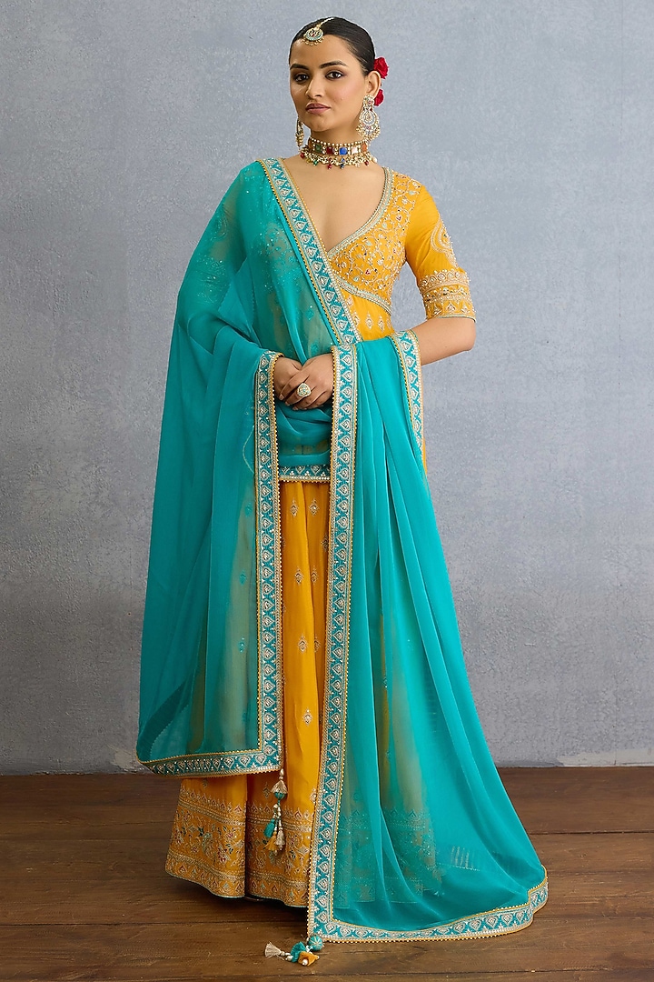 Yellow Muslin Silk Pearl & Zari Embellished Bridal Anarkali Set by Torani at Pernia's Pop Up Shop