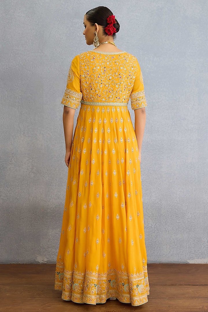Yellow Muslin Silk Pearl & Zari Embellished Bridal Anarkali Set by Torani at Pernia's Pop Up Shop