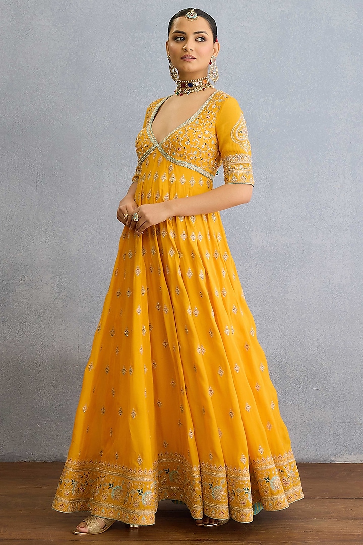 Yellow Muslin Silk Pearl & Zari Embellished Bridal Anarkali Set by Torani at Pernia's Pop Up Shop