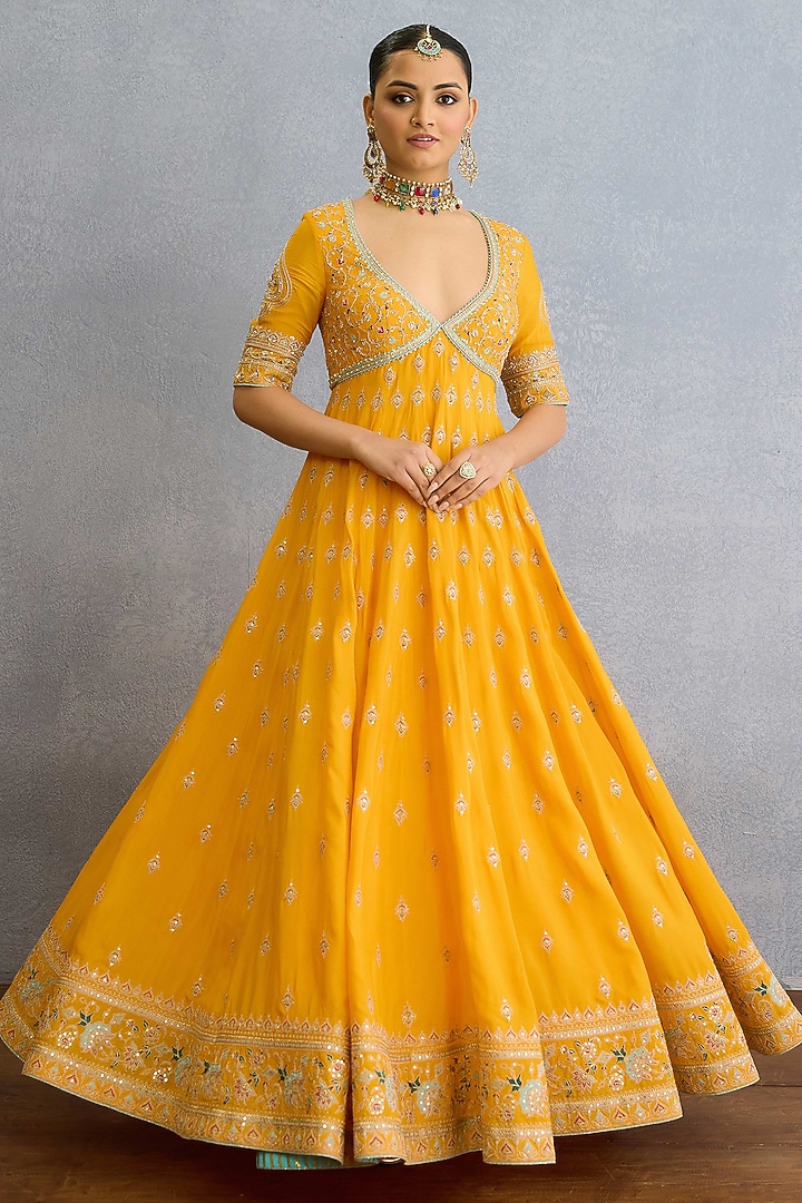 Yellow Muslin Silk Pearl & Zari Embellished Bridal Anarkali Set by Torani at Pernia's Pop Up Shop