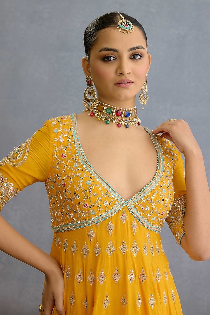 Yellow Muslin Silk Pearl & Zari Embellished Bridal Anarkali Set by Torani at Pernia's Pop Up Shop
