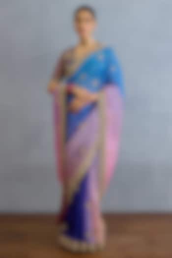 Blue & Pink Ombre Chinon Georgette Embroidered Bridal Saree Set by TORANI at Pernia's Pop Up Shop