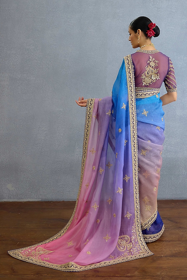 Blue & Pink Ombre Chinon Georgette Embroidered Bridal Saree Set by TORANI at Pernia's Pop Up Shop