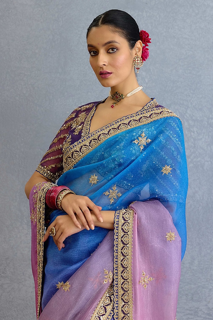 Blue & Pink Ombre Chinon Georgette Embroidered Bridal Saree Set by TORANI at Pernia's Pop Up Shop