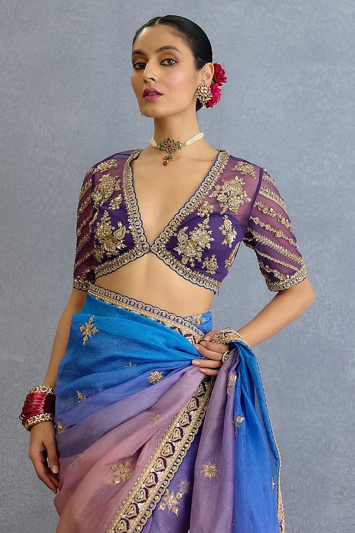 Blue & Pink Ombre Chinon Georgette Embroidered Bridal Saree Set by TORANI at Pernia's Pop Up Shop