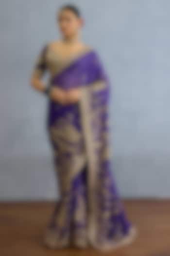 Purple Georgette Zari Embroidered Bridal Saree Set by TORANI at Pernia's Pop Up Shop