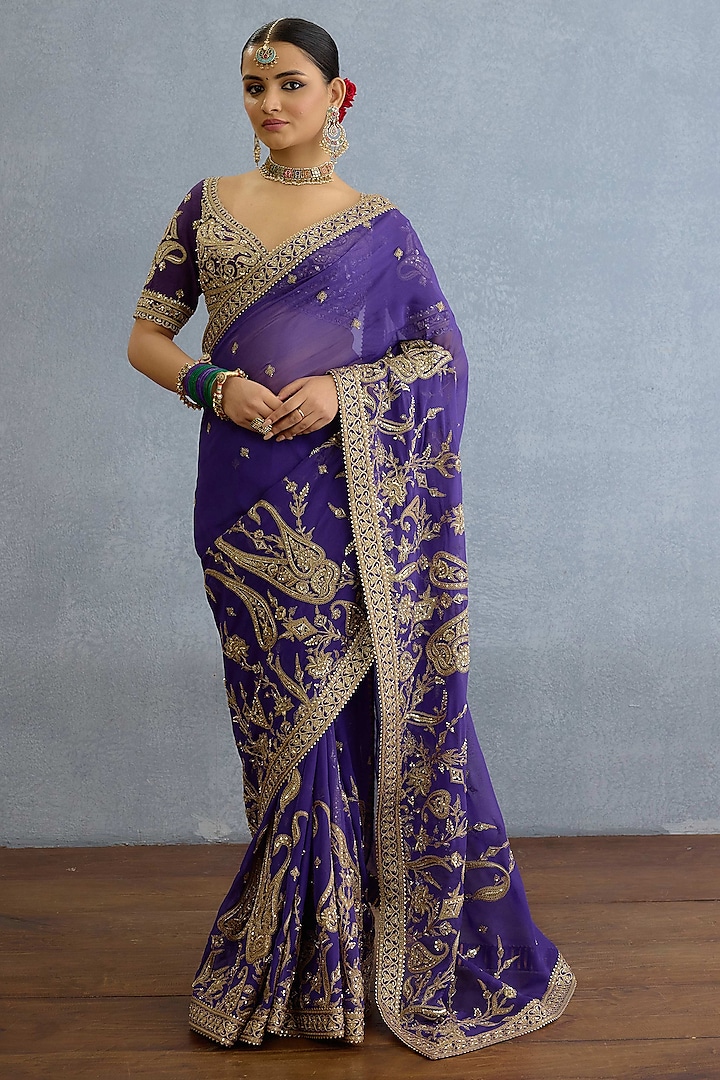 Purple Georgette Zari Embroidered Bridal Saree Set by TORANI at Pernia's Pop Up Shop