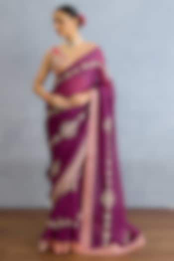 Purple Georgette Dori Embroidered Bridal Saree Set by TORANI at Pernia's Pop Up Shop