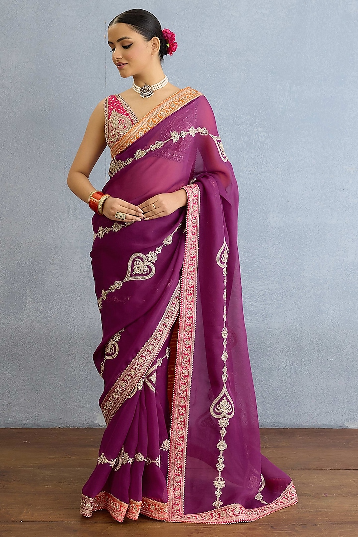 Purple Georgette Dori Embroidered Bridal Saree Set by TORANI at Pernia's Pop Up Shop