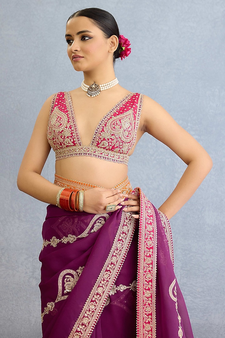 Purple Georgette Dori Embroidered Bridal Saree Set by TORANI at Pernia's Pop Up Shop
