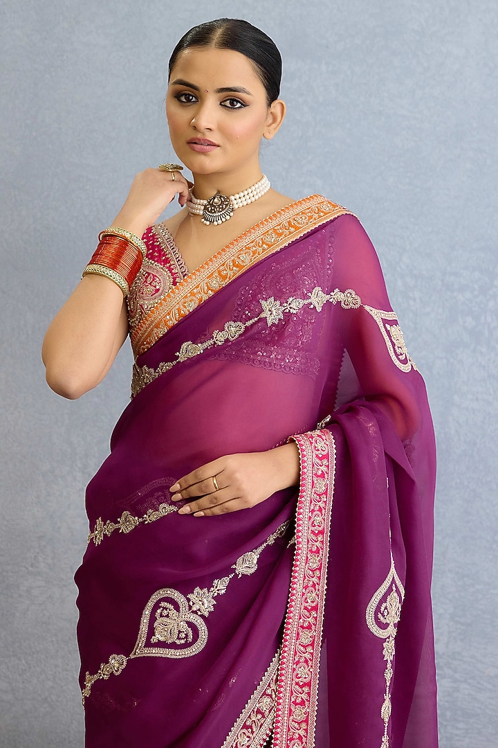 Purple Georgette Dori Embroidered Bridal Saree Set by TORANI at Pernia's Pop Up Shop